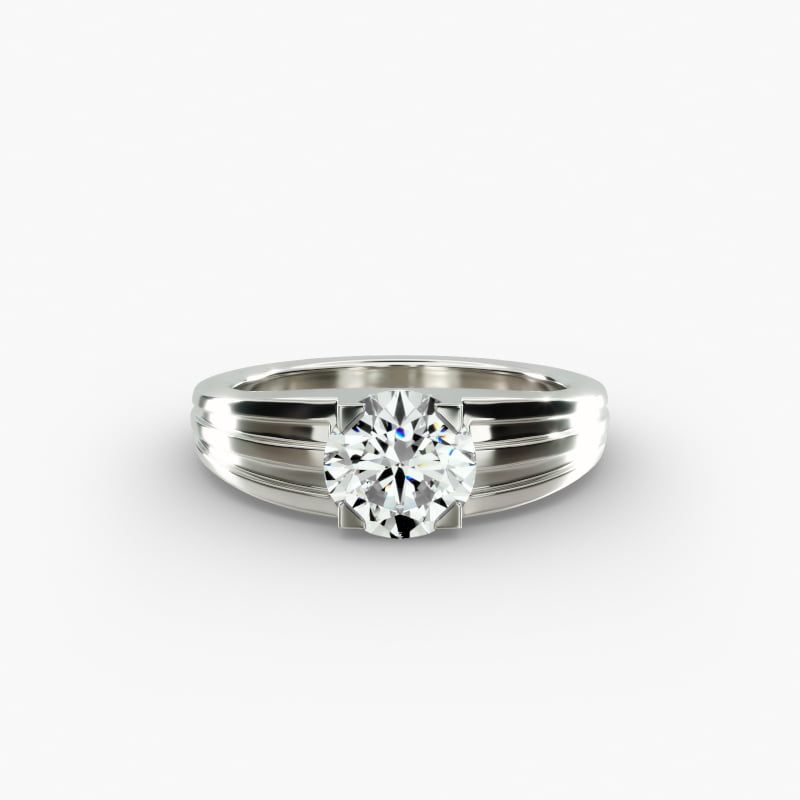 Men's Tapered Grooved Solitaire Engagement Ring in 14k White Gold