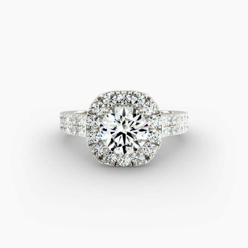 Double Shank Diamond Halo Engagement Ring In 14K White Gold