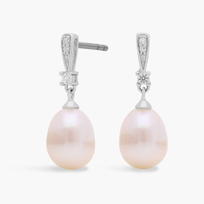 Freshwater Cultured Pearl and White Topaz Drop Earrings in Sterling Silver (7mm)