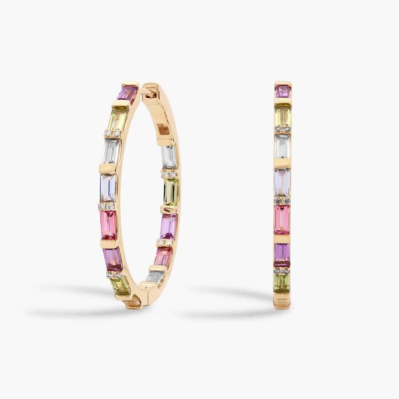 Pastel Multi Gemstone and Diamond Hoop Earrings in 14k Yellow Gold