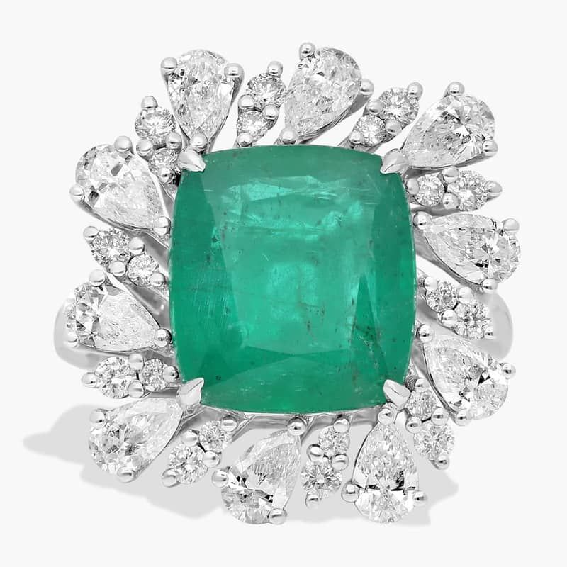 Extraordinary Collection: Green Emerald and Diamond Halo Cocktail Ring in 18k White Gold (11x10mm)
