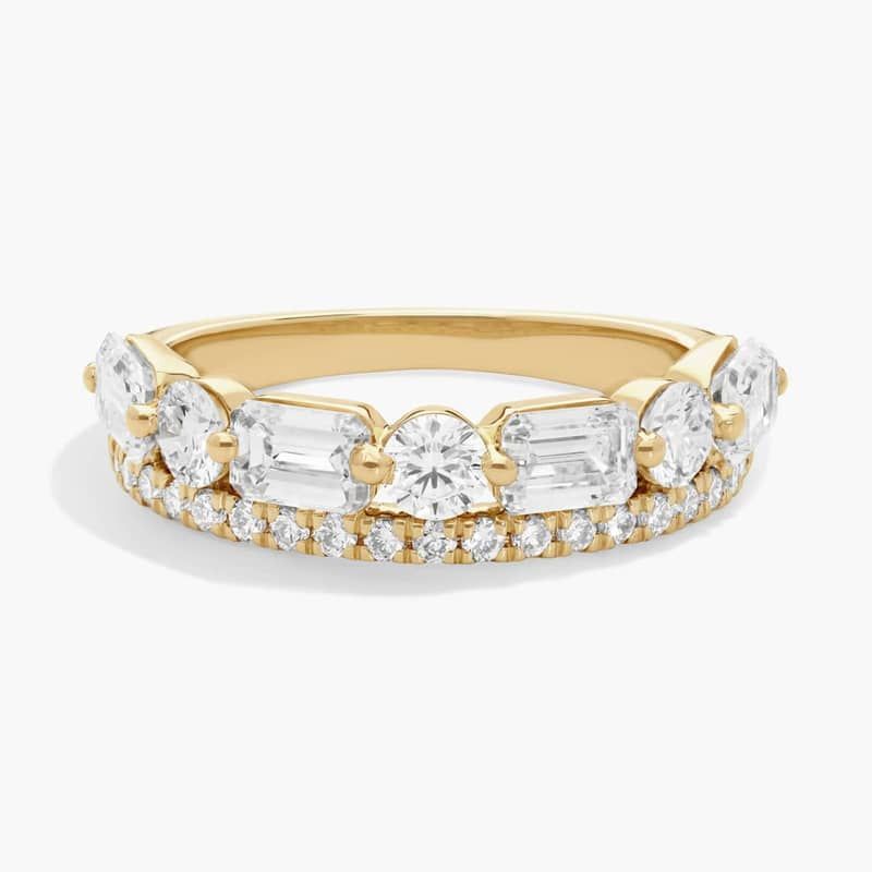 2 Row Diamond Ring with 2 CTW Emerald and Round Cut Lab-Grown Diamonds in 14K Yellow Gold