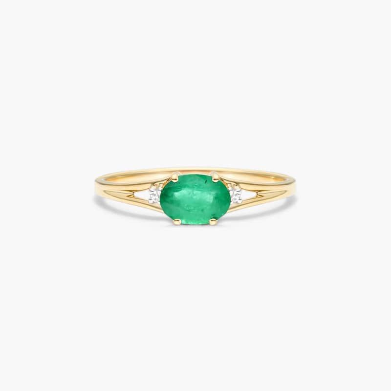 Oval Emerald And Diamond Accent Birthstone Ring In 14K Yellow Gold