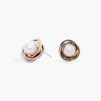 Tri-Color Love Knot Earrings with Freshwater Cultured Pearls in 14k White, Yellow and Rose Gold